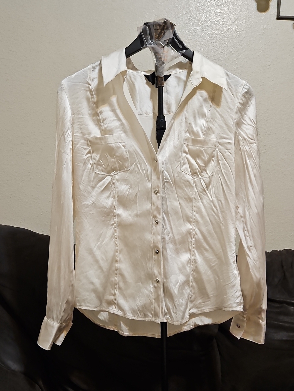 White House Black Market Ivory Silk Button-Front Shirt